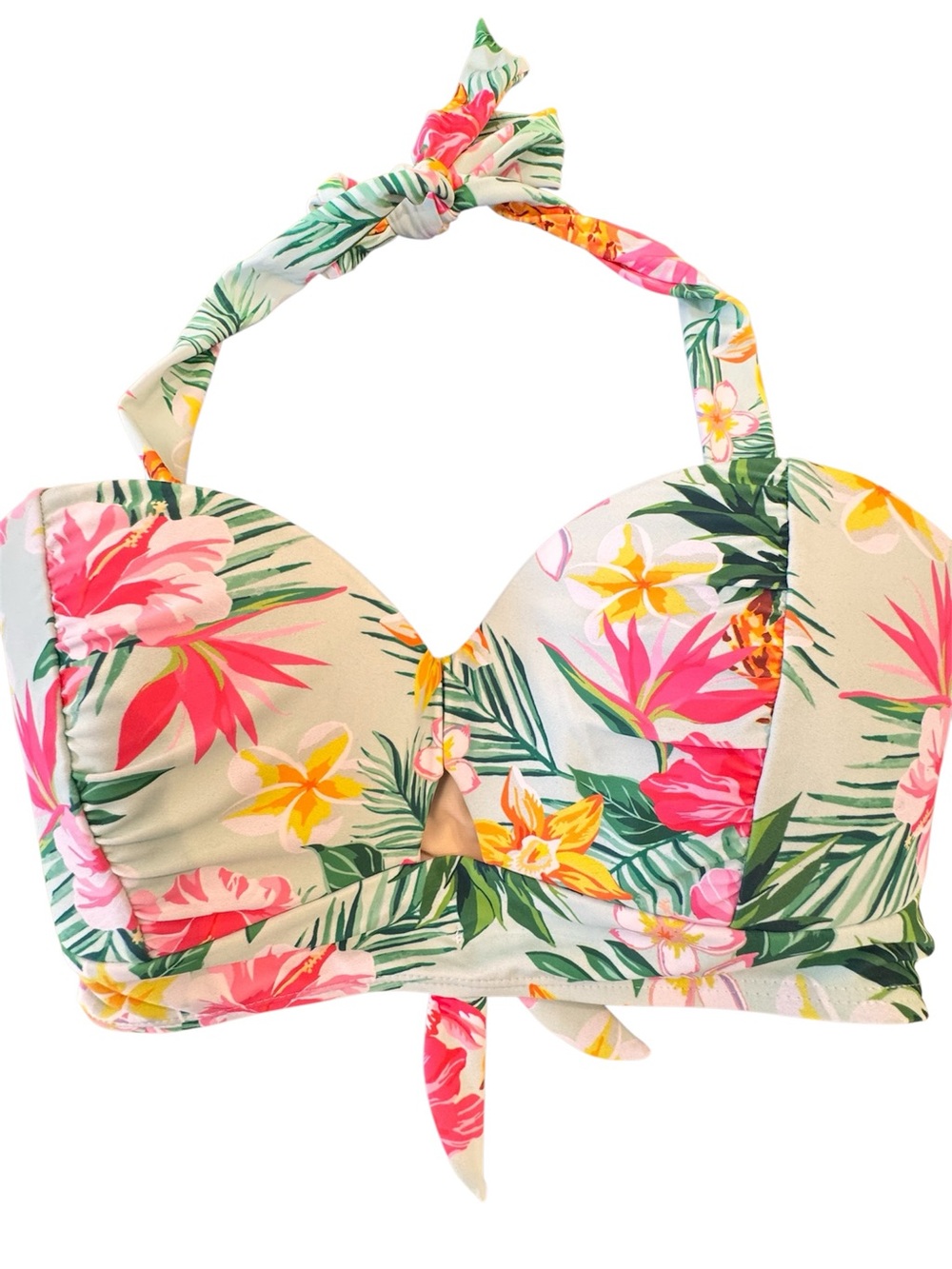 NWOT Unique Vintage Floral Halter Bikini Top - Pink, Green, Yellow on Cream